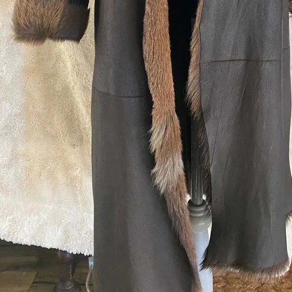 Vintage WHISTLES Dark Brown Soft Leather & Fur Long Overcoat Size Medium